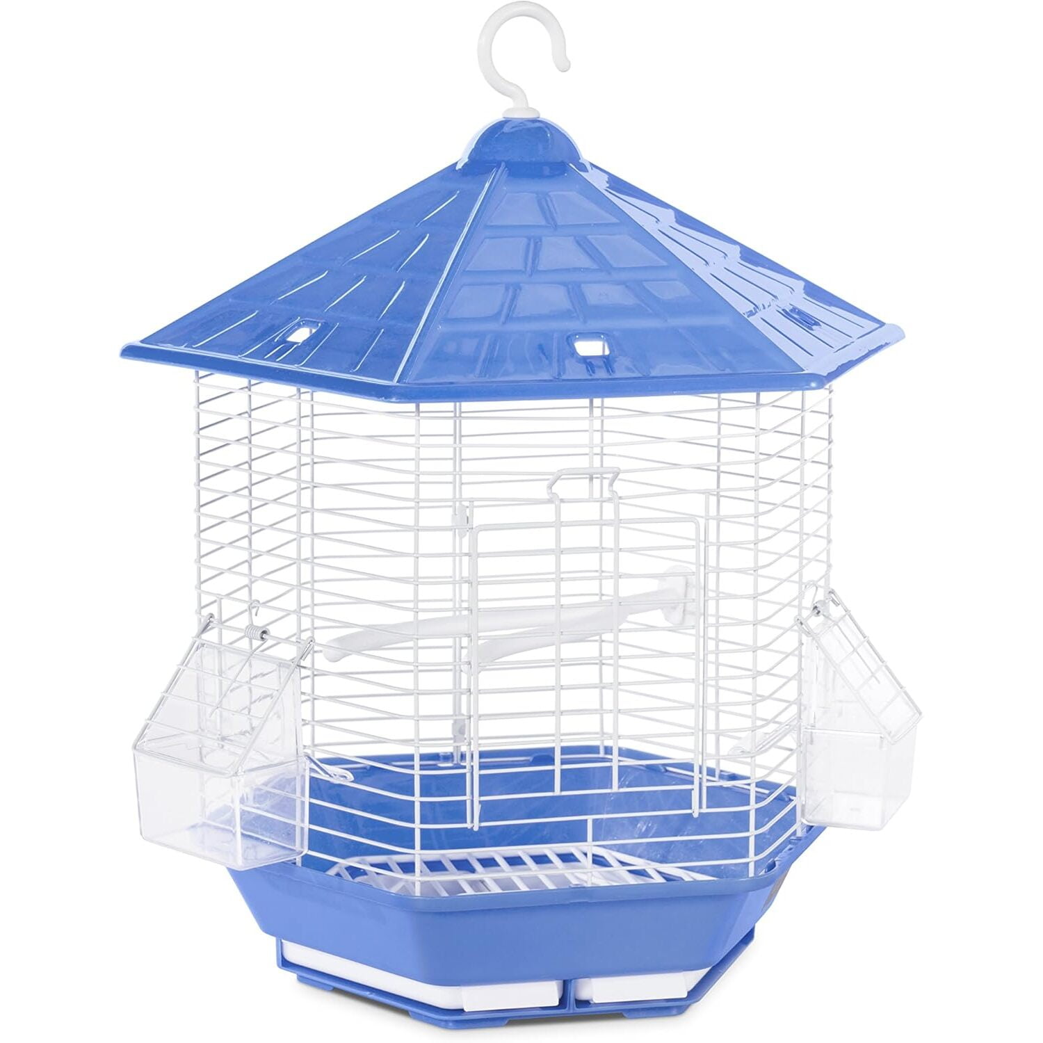 Blue Hexagonal Plastic Bird Cage with Perch and Cups