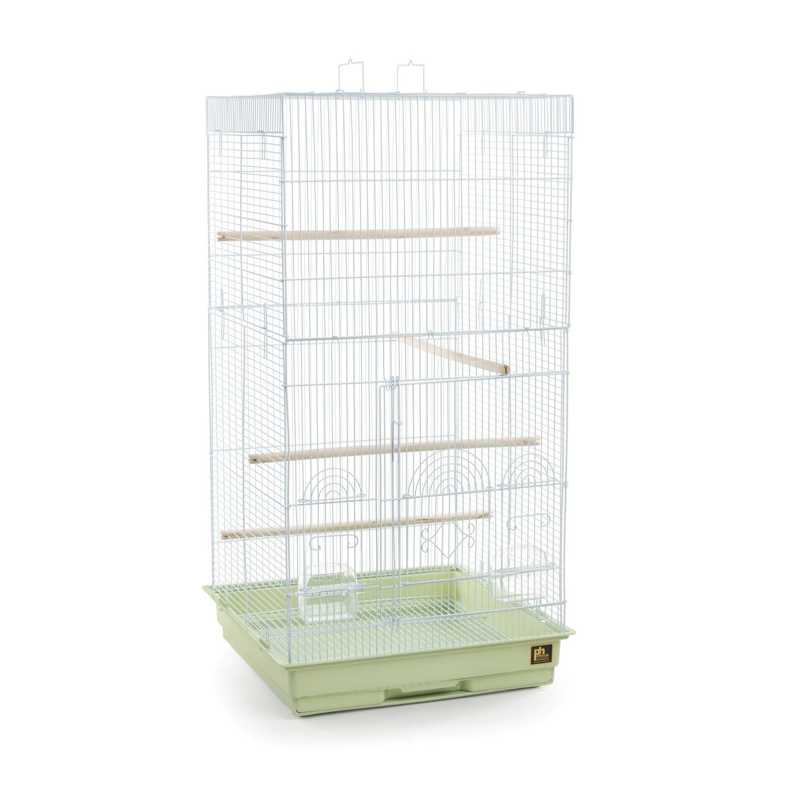 Tall Green Powder-Coated Steel Bird Cage with Wooden Perches