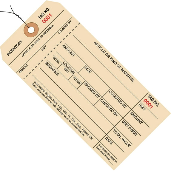 Prewired Manila Inventory Tags, 1-Part Stub Style, 7000-7999, Box Of 1,000