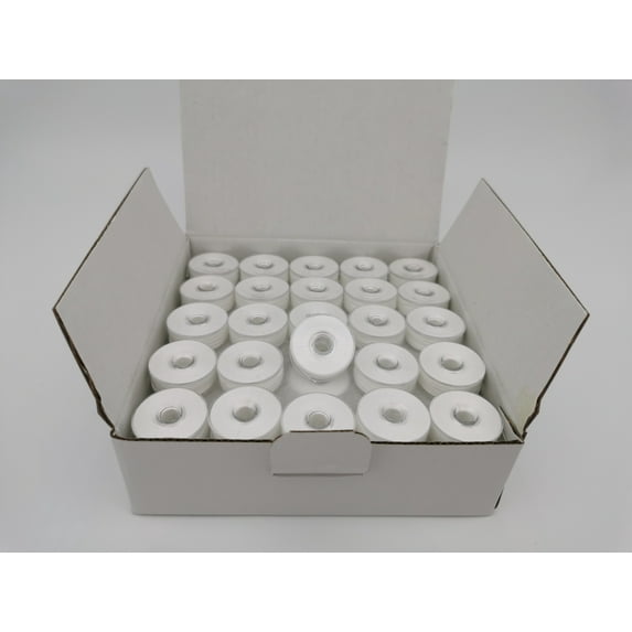 Prewound Bobbin, Bobbin Type Size M, Style M, 75pcs, White Color, Plastic Sided Bobbin, 60S/2 Spun Polyester, Doublelin Brand