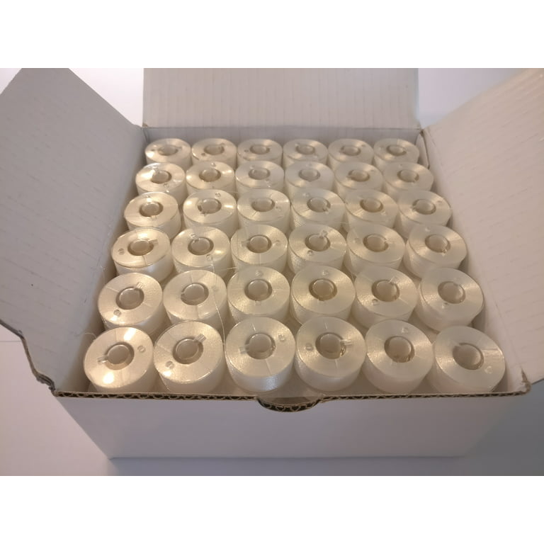 Prewound bobbins, Plastic sided, Size A, Style A, Class 15, 15J, SA156,  Brother size 11.5, 144pcs, White color, 75D/2 Polyester 