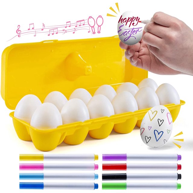 Prextex 12 Maracas Egg Shakers Musical Percussion Toy 12 White Plastic Easter Eggs in Carton