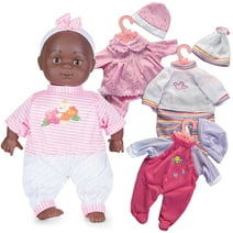 Prextex 12-Piece Black Baby Doll with Clothes Set - 14-Inch Girl African American Doll with 4 Nice Outfit Sets and 3 Hangers - Best Gift for Toddlers and Girls