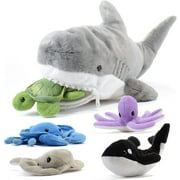 Prextex 15 Plush Shark Stuffed Animal With 5 Piece Soft Stuffed Sea Animals Includes Octopus, Turtle, Stingray, Nemo Fish, and Blue Whale | Plushies, Stuffed Animal for Baby