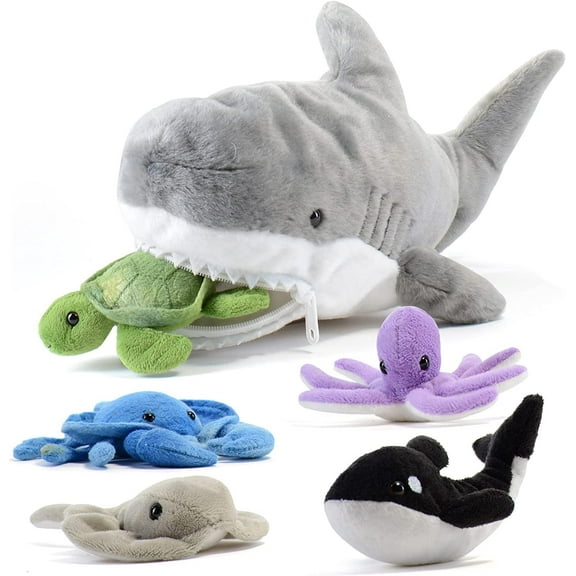 Prextex 15'' Plush Shark Stuffed Animal With 5 Piece Soft Stuffed Sea Animals Includes Octopus, Turtle, Stingray, Nemo Fish, and Blue Whale | Plushies, Stuffed Animal for Baby