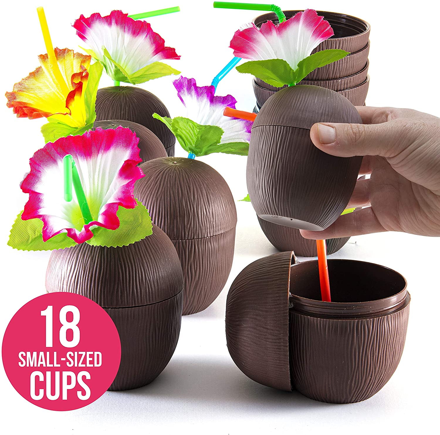 Prextex 18 Pack Mini Coconut Cups for Hawaiian Luau Kids Party with Hibiscus Flower Straws - Tiki and Beach Theme Party Fun Drink or Decoration Cups (250ml, 8.45oz)