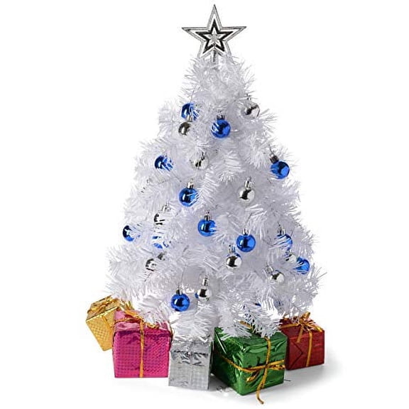 Prextex 23" DIY Tabletop Mini White Christmas Tree with Warm-White LED Lights, Star Treetop, Decorated Gift Boxes and Hanging Ornaments for DIY Christmas Decoration