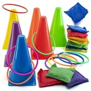 Prextex 3-in-1 Yard Game Set - Ring Toss Set, Bean Bag, Cones | Lawn, Street, Pool, Garden Games | Sports Day Kit Equipment, Party/Gift Bag | Birthday, Christmas, Halloween, Easter Games | Kids&Adults