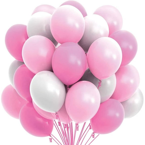 Prextex 75 Party Balloons 12 Inch Pink, Baby Pink and White Balloons with Ribbon for Pink White Color Theme Party Decoration, Girl Baby Shower, Bachelorette, Birthday Parties Supplies, Helium Quality