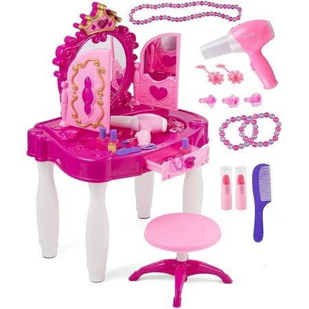 Prextex Beauty & Bliss Pretend Play Kids Makeup Table with Mirror and Chair, Fashion, Princess Play Set, Vanity Table with Makeup Accessories and Light and Musical Sound Effects for Toddler Girls