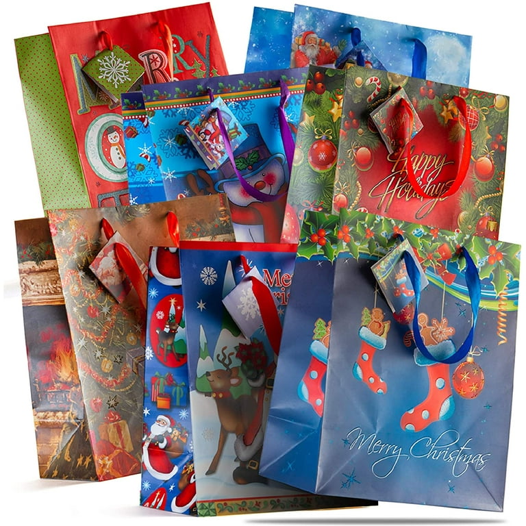 Prextex Christmas Gift Bags 12 Assorted 13 inch Cardboard Paper Gift Bags Large Size Assorted Bright Prints