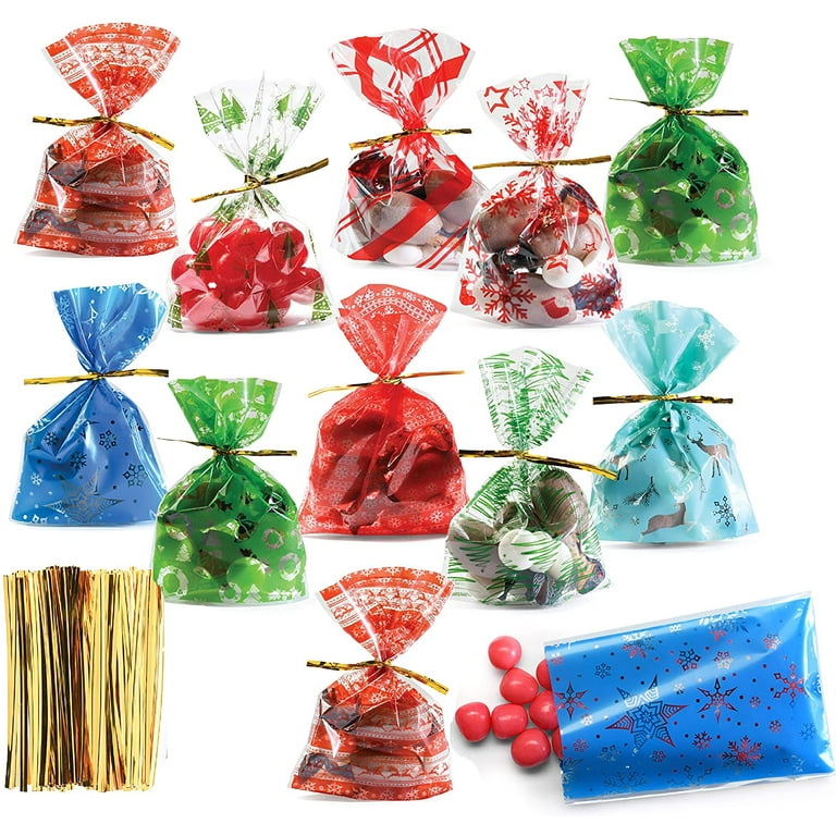 Prextex Christmas Themed Cellophane Bags Bulk Pack of 100 Mini