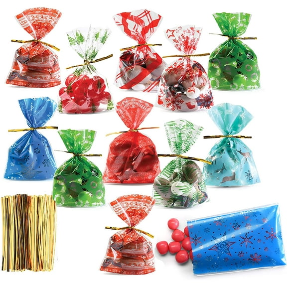 Prextex Christmas Themed Cellophane Bags - Bulk Pack of 200 Mini Cellophane Bags for Candy, Holiday Goodies and Party Favors