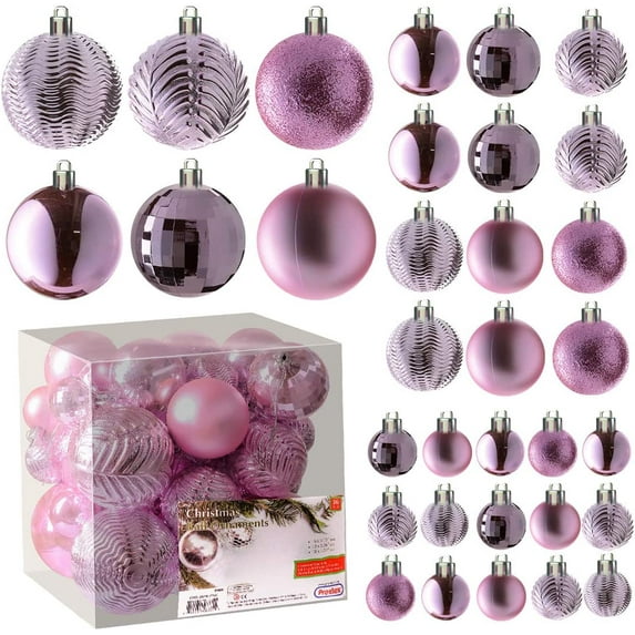 Prextex Christmas Tree Ornaments - Pink Christmas Ball Ornaments Set for Christmas, Holiday, Wreath & Party Decorations (36 pcs - Small, Medium, Large) Shatterproof