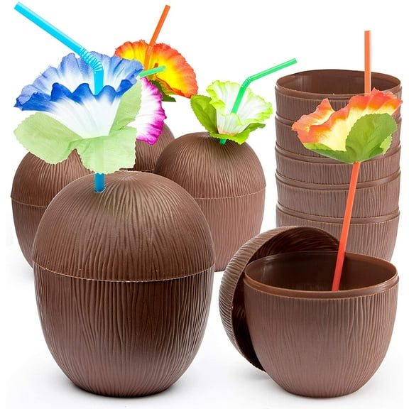 Prextex Coconut Cups for Hawaiian Luau Kids Party with Hibiscus Flower Straws | Improved Twist-Close Lids | 18 pack
