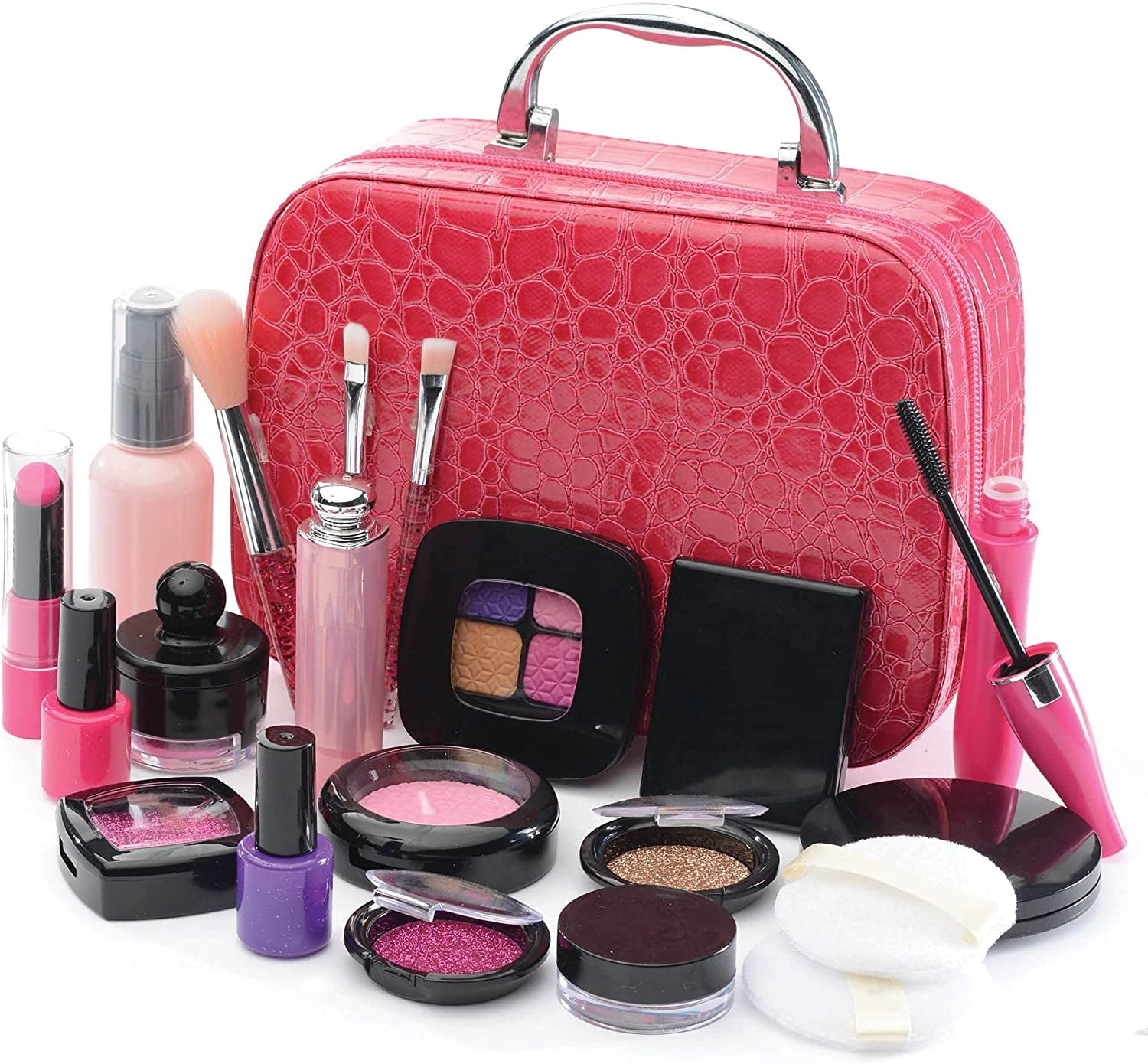 Prextex Girls Pretend Makeup Play Set with Pink Leather Cosmetic Case