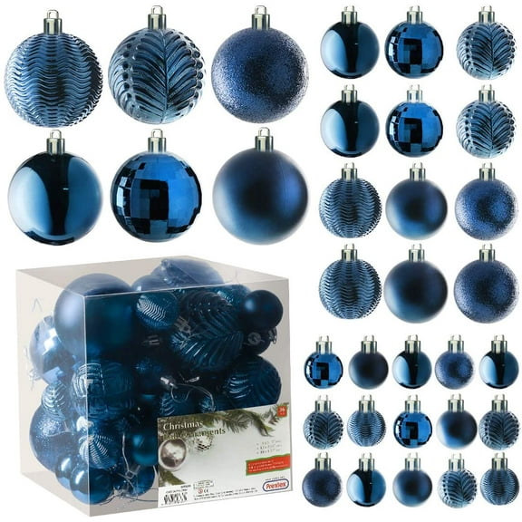 Prextex Midnight Blue Christmas Ball Ornaments for Christams Decorations - 36 Pieces Xmas Tree Shatterproof Ornaments with Hanging Loop for Holiday and Party Deocation (Combo of 6 Styles in 3 Sizes)