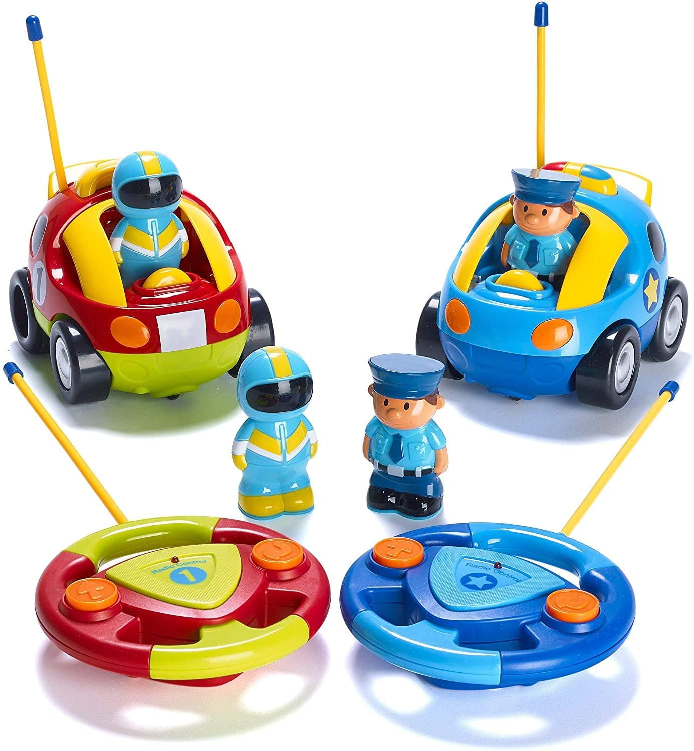 Prextex Pack of 2 Cartoon R/C Police Car and Race Car Radio Control Toys for Kids- Two Different Frequencies So Both Can Race Together | Gifts for Toddler Boys Ages 2-4 | Cartoon Remote Control Cars