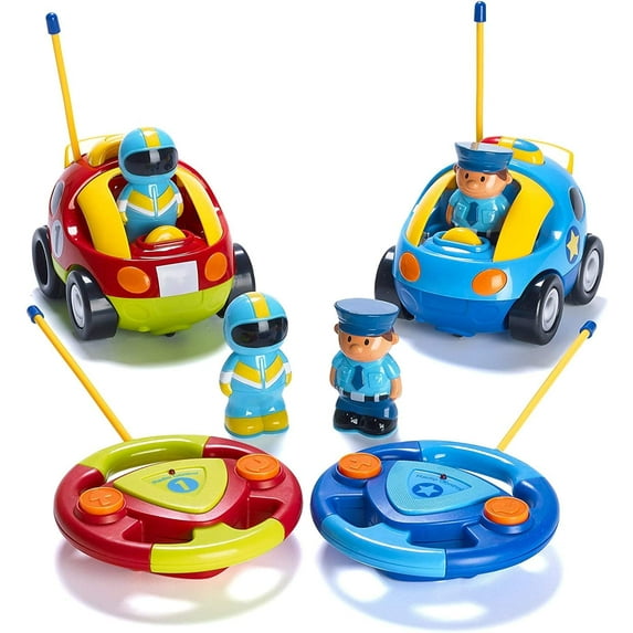 Prextex Pack of 2 Cartoon R/C Police Car and Race Car Radio Control Toys for Kids- Two Different Frequencies So Both Can Race Together | Gifts for Toddler Boys Ages 2-4 | Cartoon Remote Control Cars