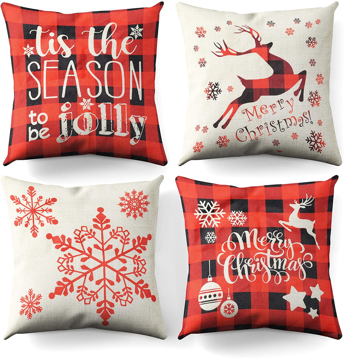 Prextex Pack of 4 Christmas Pillow Covers Zippered 18 X 18 Square Pillow Cases for Couch, Patio, Christmas Decoration
