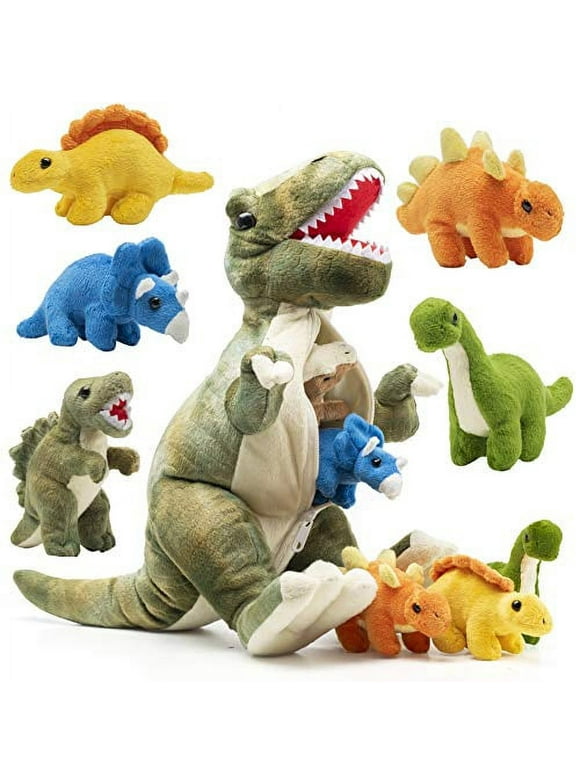Prextex Plush 15-inch T-Rex Dinosaur Tummy Carrier Filled with 5 Cute Little Baby Dinosaur Hatchlings Inside its Zippered Tummy - Great Set for Kids Boys Girls - Giant Stuffed Dinosaur - Animal Toys