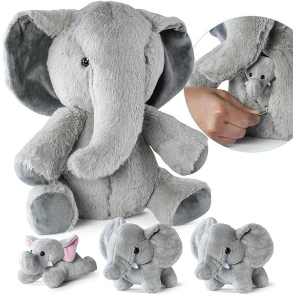 Prextex Plush Elephant with 3 Little Plush Baby Elephants - 4 Piece Soft Stuffed Animals Playset