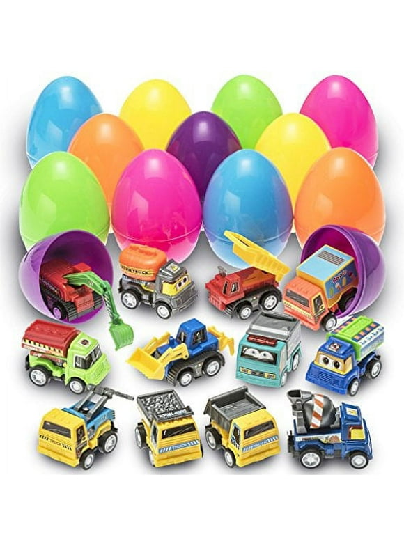 Prextex Prefilled Easter Eggs - Toy Filled Easter Eggs Filled with Pull-Back Construction Vehicles