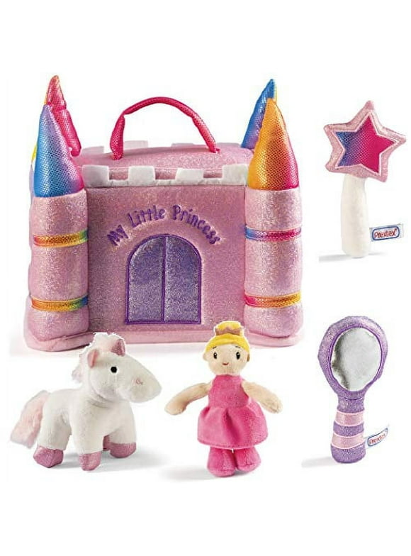 Prextex Princess Plush Castle House Pink Playset with Handle Plush Unicorn, Wand, Mirror and Princess Toys for Girls with Doll Accessories in Zipper