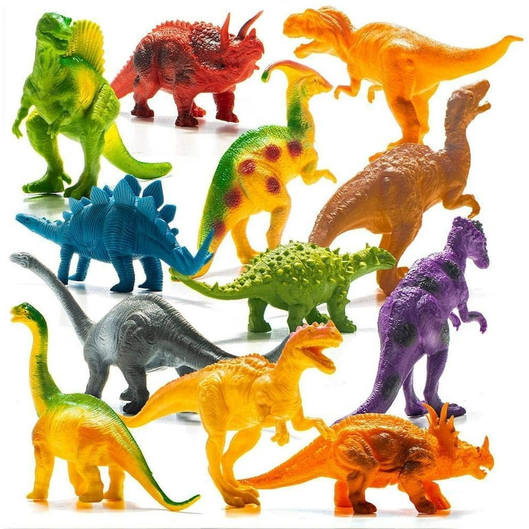 Prextex Realistic Looking 7 Dinosaurs Pack of 12 Large Plastic Assorted  Dinosaur Figures With Educational Dinosaur Book, Large Dinosaur Figures