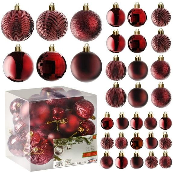 Prextex Red Christmas Ball Ornaments for Christams Decorations - 36 Pieces Xmas Tree Shatterproof Ornaments with Hanging Loop for Holiday and Party Deocation (Combo of 6 Styles in 3 Sizes)