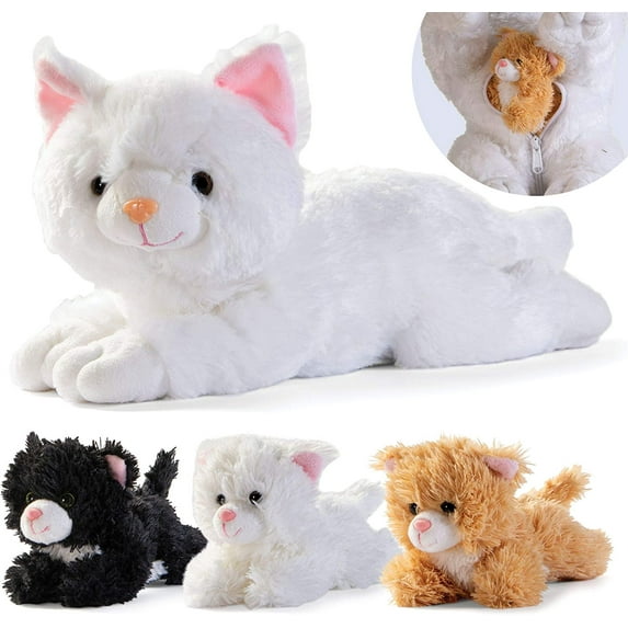 Prextex Soft Plush Cat with Zipper for 3 Cute Little Kittens inside Pouch Tummy - Plushlings Selection Animals Stuffed