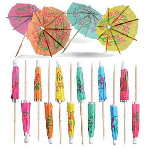 Prextex Umbrella Cocktail Picks - Bulk Pack of 220 Assorted Tropical Color Party Picks with Parasol Detail for Tiki Bars, Picnics, Party Drinkware, Cake Toppers, and Party Decoration