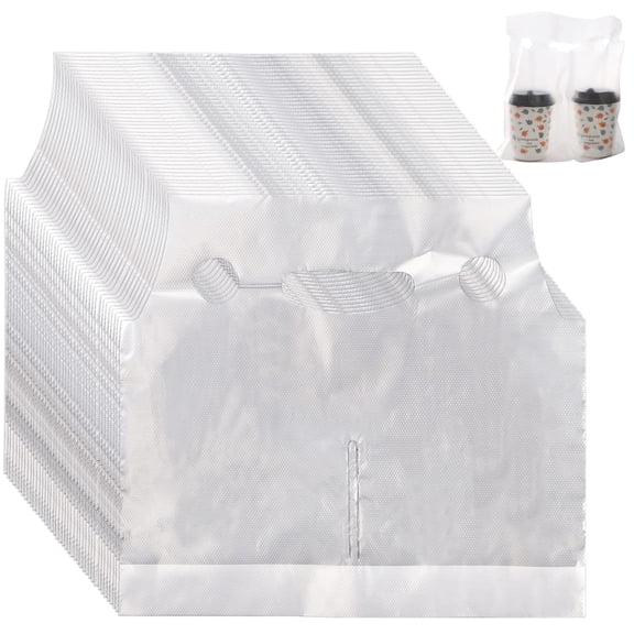 (Price/100 PCS)100 PCS 2-Cup Take-Out Bags Clear Handle Drink Carrier Drinking Plastic Packaging Bags Portable Transparent Beverage Containers Hanging Hole Liquid Pouches, 1.0 Mil-Clear-11 inch