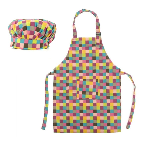 (Price/12 Sets) Toptie Colorful Cotton Canvas Kids Aprons and Hat Set, Party Favors(S-XXL)-Grid-XXL
