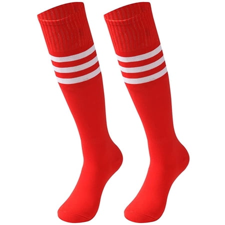 (Price/2 pairs)TOPTIE 2 Pack Classic Triple Stripes Tube Socks, Football Soccer Knee High Socks for Sports and Daily Use-White Stripe+Red