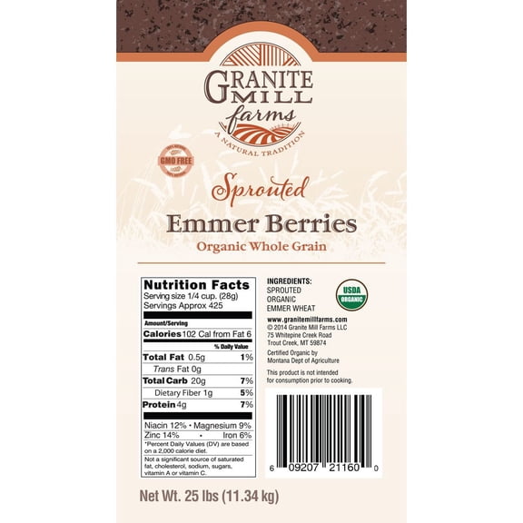 (Price/25 lb)Granite Mill Farms Sprouted Emmer Berries, Organic - 25 lb