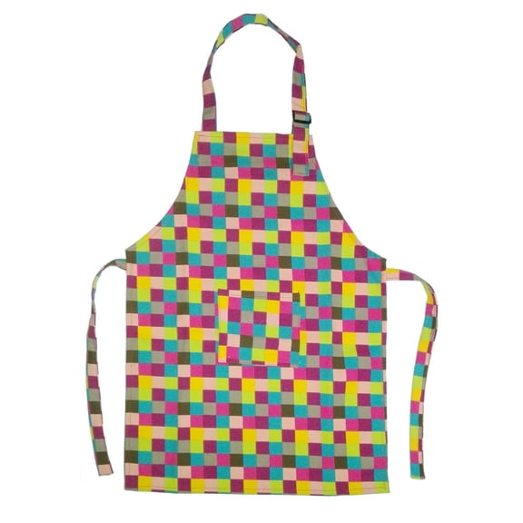 (Price/6 Pcs) Opromo Colorful Cotton Canvas Kids Aprons with Pocket, Artist Apron & Chef Apron(S-XXL)-Grid-XXL