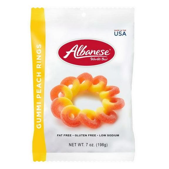 (Price/Case)Albanese World's Best 53349 Albanese World's Best Gummi Peach Rings 7 Ounce Bag - 12 Per Case