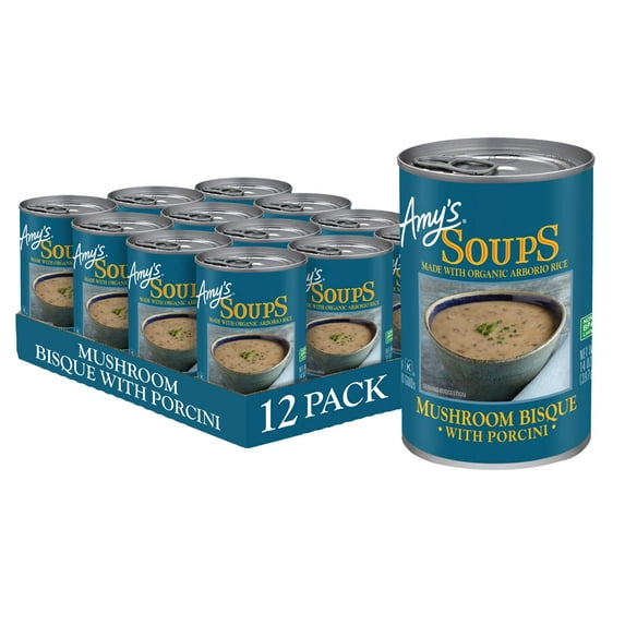 (12 pack) Amy’s Soup, Mushroom Bisque with Porcini Soup, Gluten Free, Made With Organic Arborio Rice, Canned Soup, 14 Oz