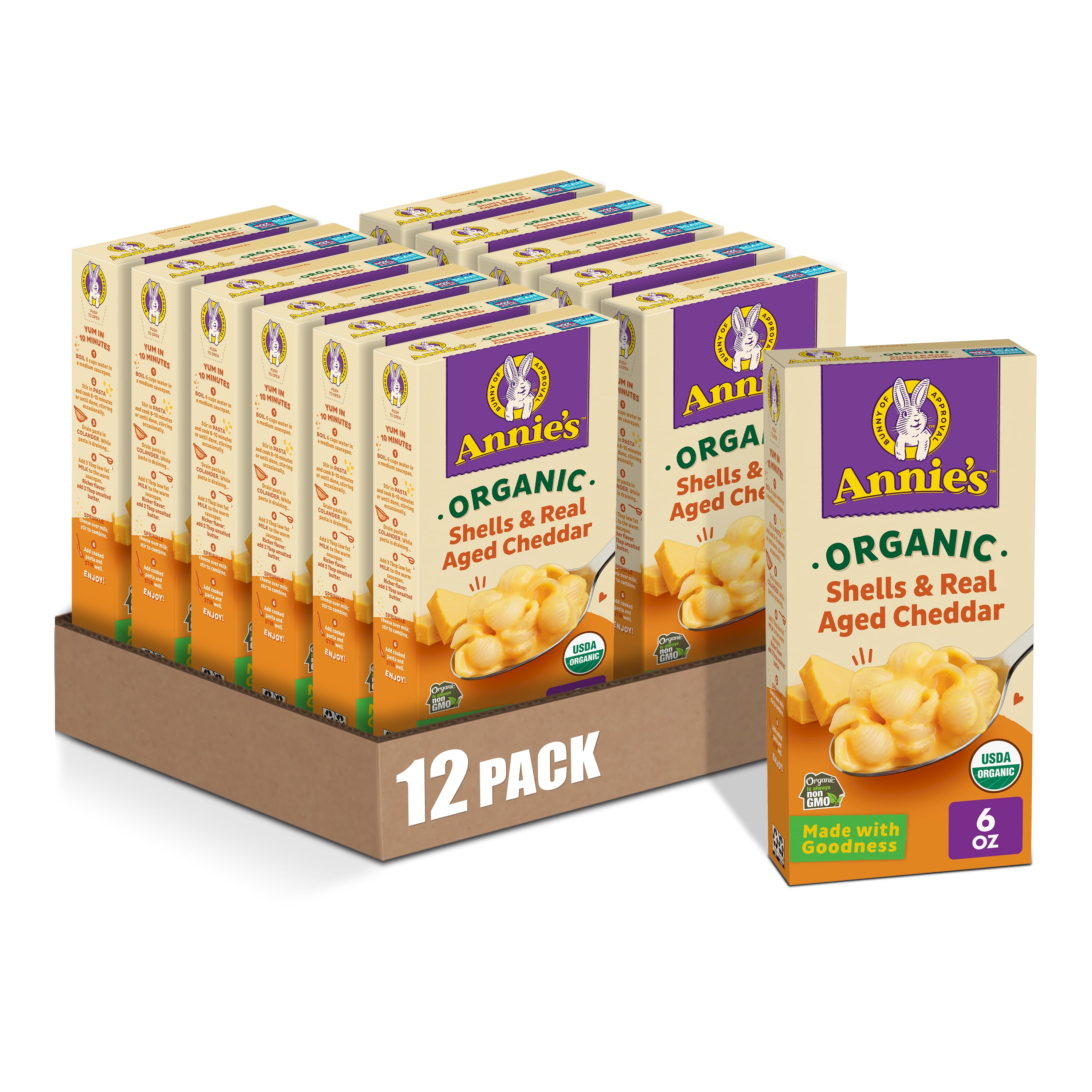 (12 pack) Annie's Shells and Real Aged Cheddar Mac and Cheese with Organic Pasta, 6 oz