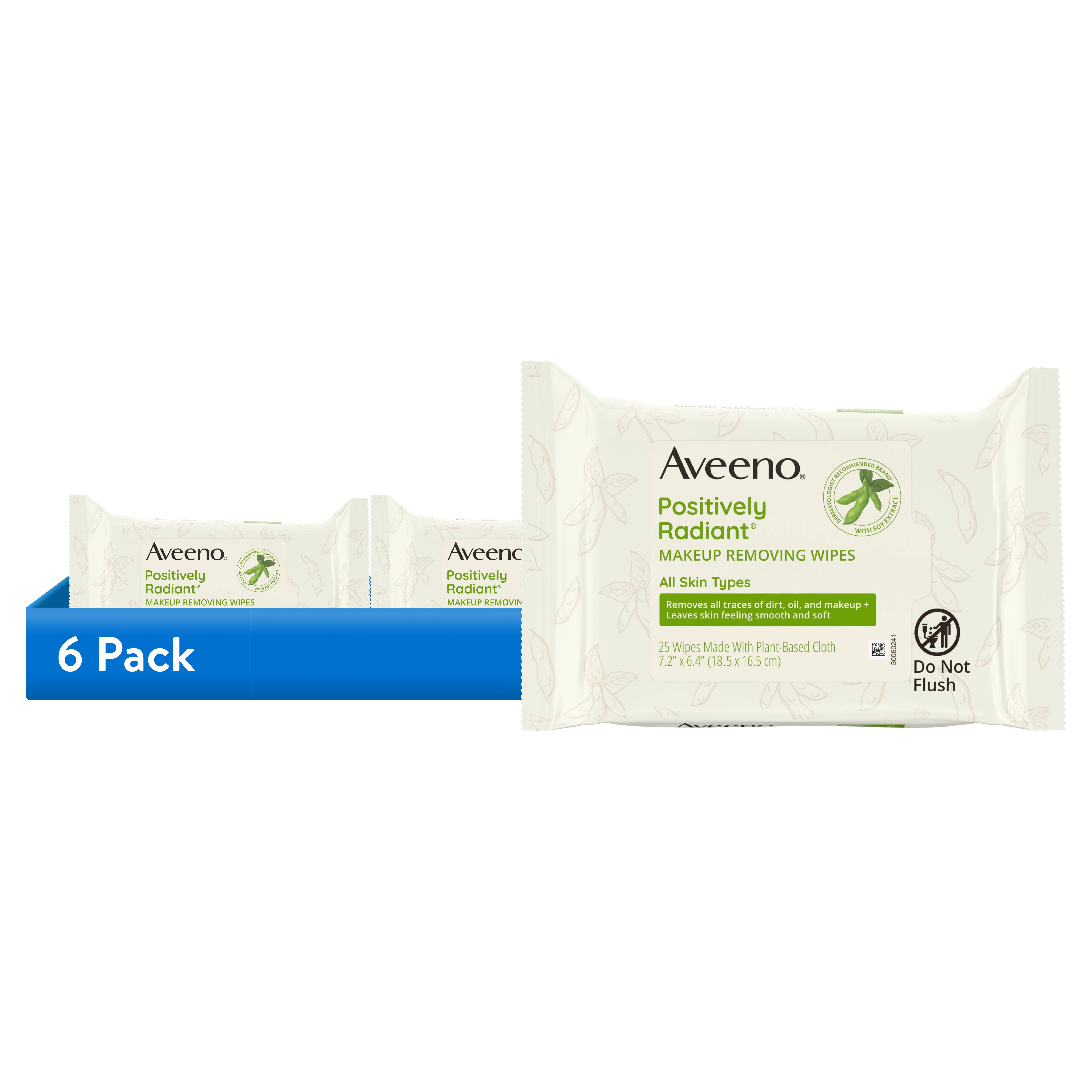 (6 pack) Aveeno Positively Radiant Makeup Removing Wipes, 25 Count​