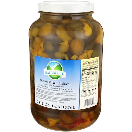 (Price/Case)Bay Valley 232-280 Cut 1/2 Crinkle Sweet Mixed Pickles 1 Gallon Per Pack - 4 Per Case