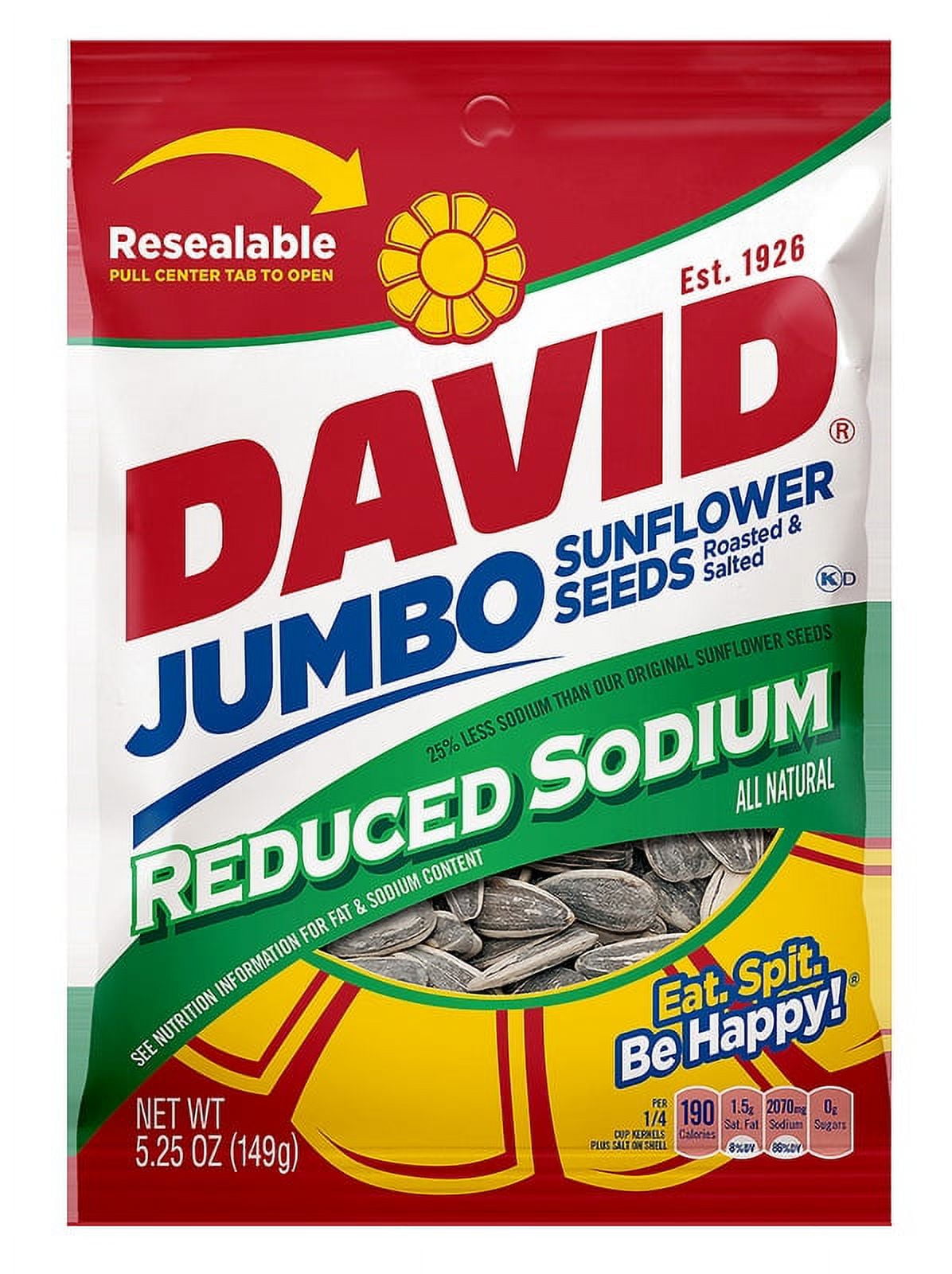 DAVID Seeds Reduced Sodium Salted and Roasted Jumbo Sunflower Seeds, Keto Friendly Snack, 5.25 Ounce, Case of 12