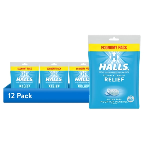 (12 pack) HALLS Relief Mountain Menthol Sugar Free Cough Drops, Economy Pack, 70 Drops