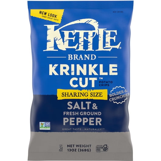 (9 pack) Kettle Brand Potato Chips, Krinkle Cut, Salt & Ground Pepper Kettle Chips, Party Size, 13 oz