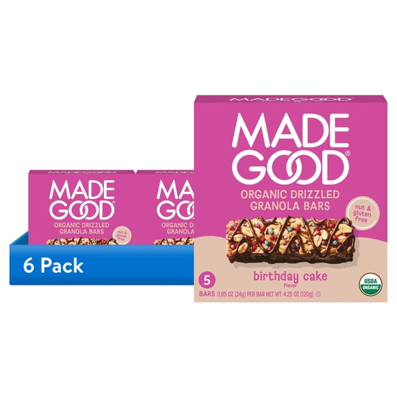 (6 pack) MadeGood Chocolate Drizzle Birthday Cake Granola Bars, 5 Healthy Snack Bars, 0.78 oz