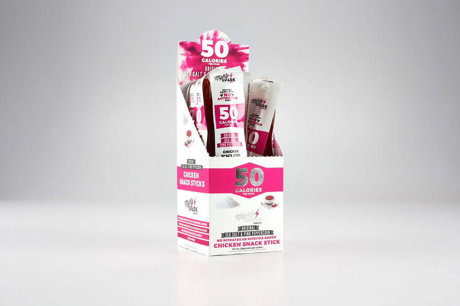 (Price/Case)Mighty Spark Grab And Go Pink Sea Salt Peppercorn Chicken Snack Sticks 1 Ounce - 48 Tall Caddies Per Case