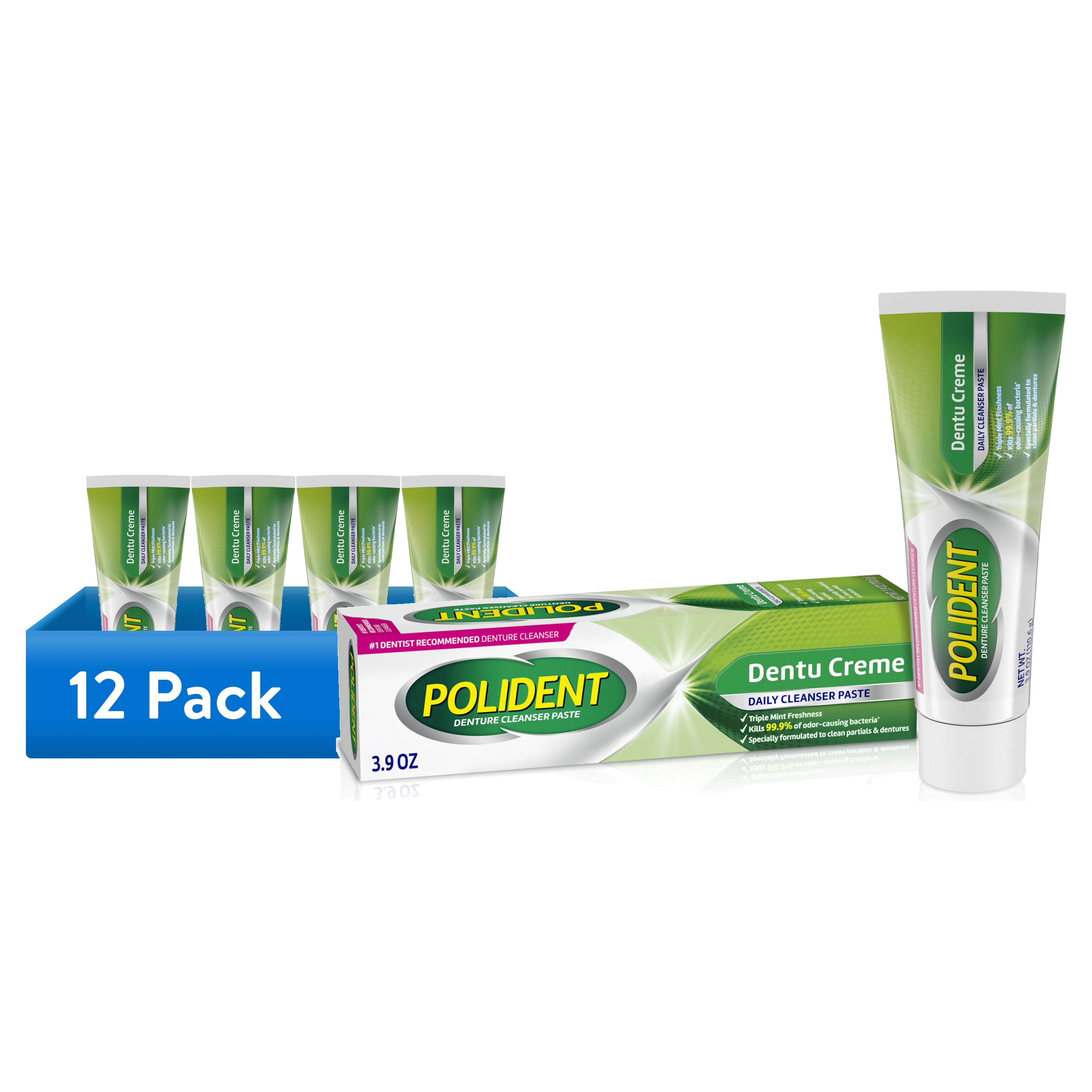 (12 pack) Polident Adhesive Paste for Denture Cream and Partials Cleaning, Triple Mint Freshness, 3.9 Oz, for Adults