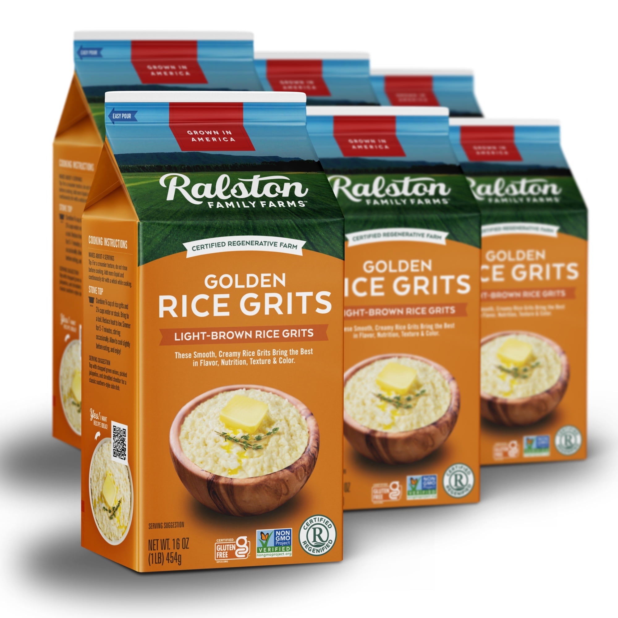 Ralston Family Farms Golden Rice Grits, 16 oz Carton: 6 Pack, American Grown, Non-GMO, Naturally Gluten Free