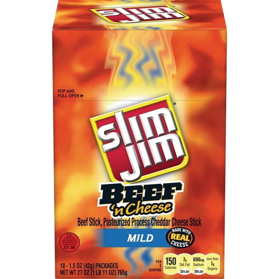 (Price/Case)Slim Jim Beef And Cheese Snack Sticks 1.5 Ounce Sticks - 18 Per Pack - 6 Packs Per Case